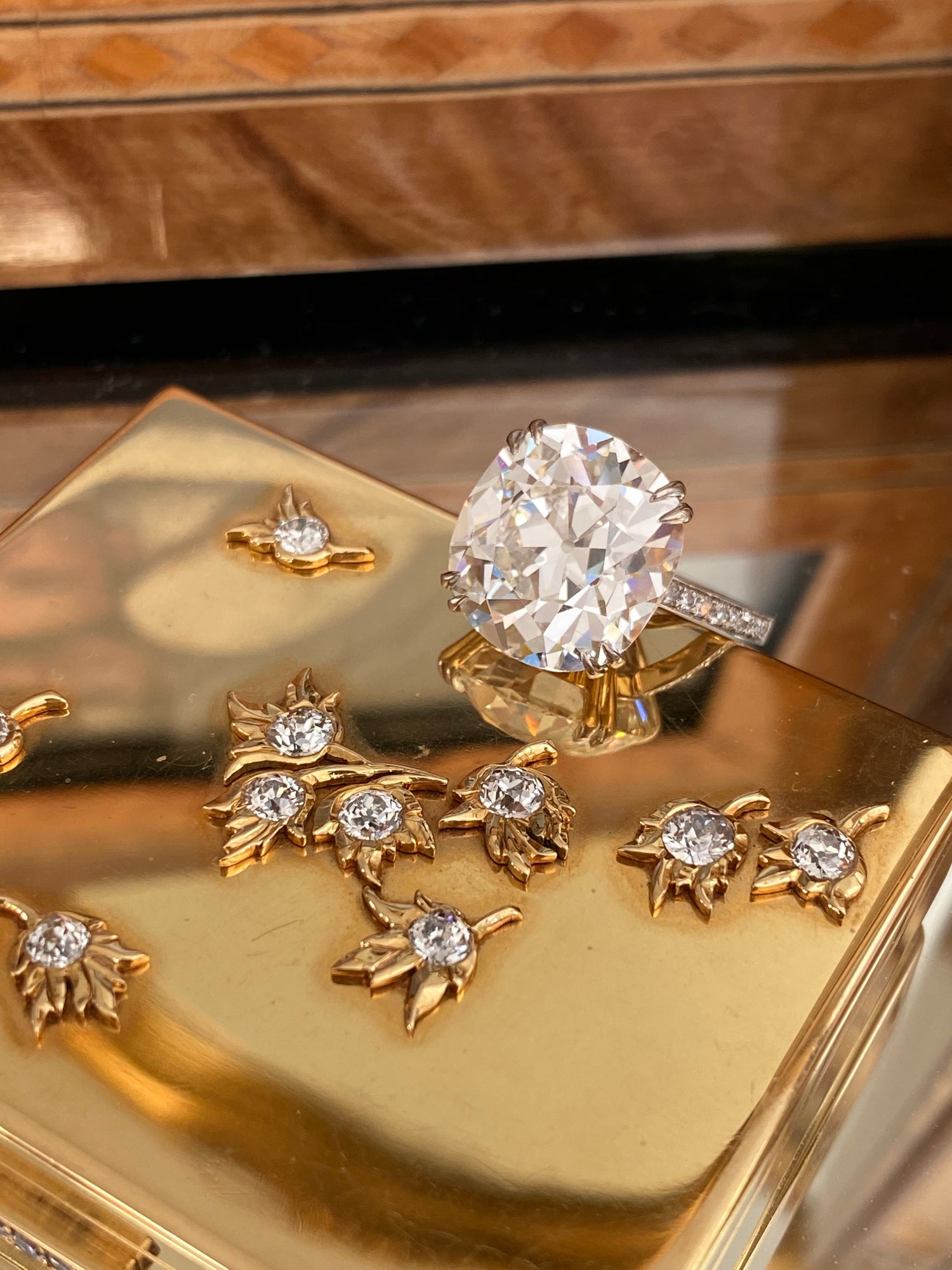 11 carat old mine diamond estate ring with rose cut diamond setting.
